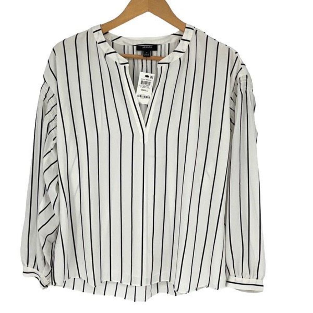 Alfani Womens V-Neck Deco BreezeβQuarry Stripe Blouseβ Cream Black Small NWT